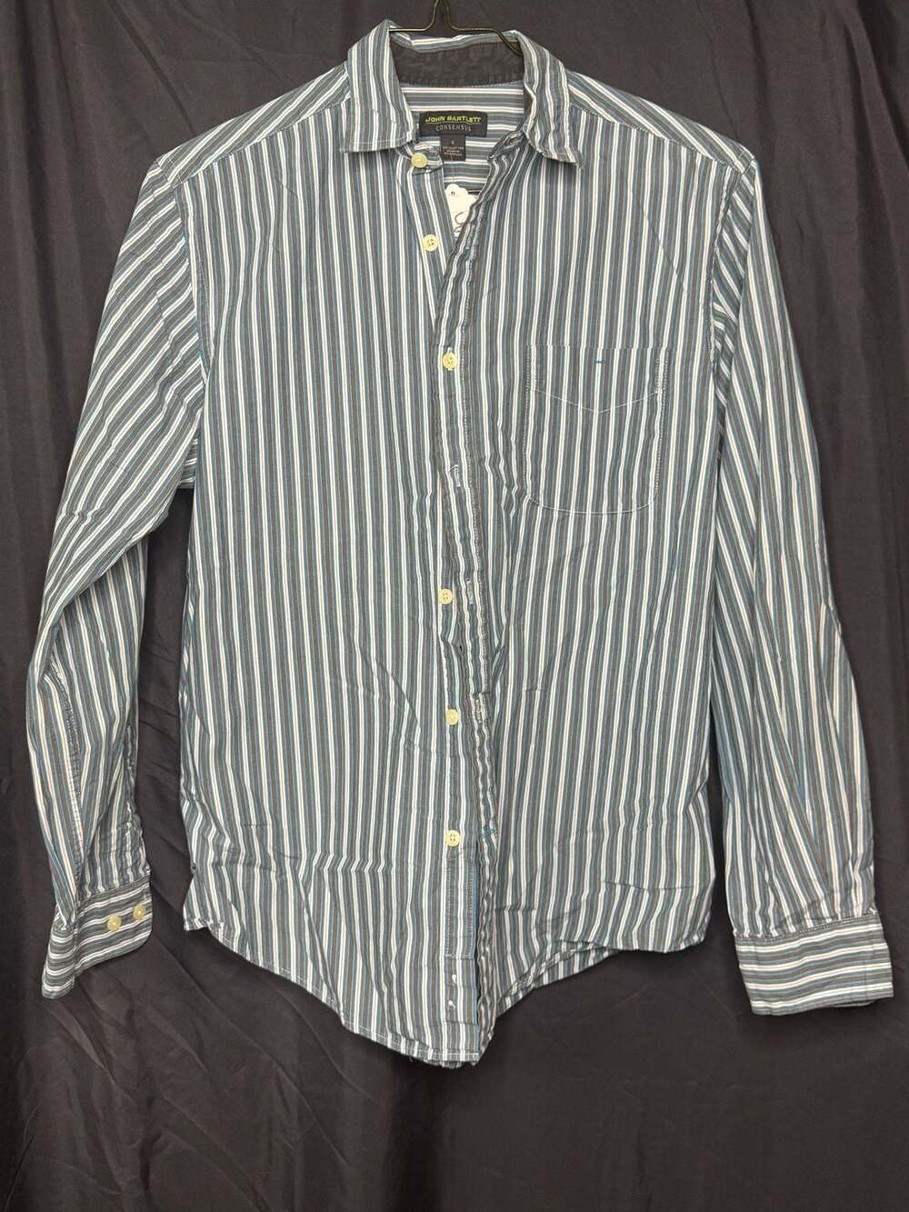 John Bartlett Consensus Blue and White Striped Long Sleeve Button Up Shirt